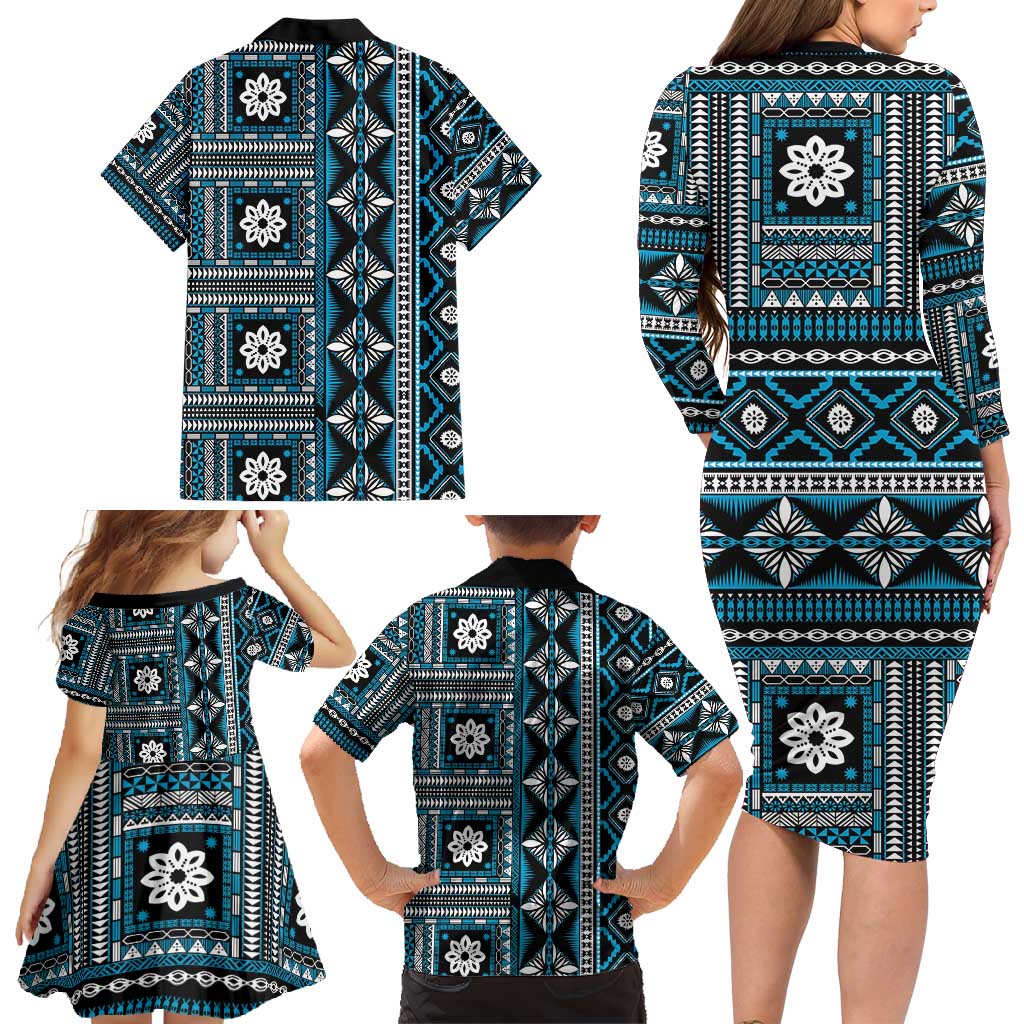 Fiji Masi Tapa Pattern Blue Family Matching Long Sleeve Bodycon Dress and Hawaiian Shirt LT01 - Polynesian Pride