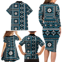 Fiji Masi Tapa Pattern Blue Family Matching Long Sleeve Bodycon Dress and Hawaiian Shirt LT01 - Polynesian Pride