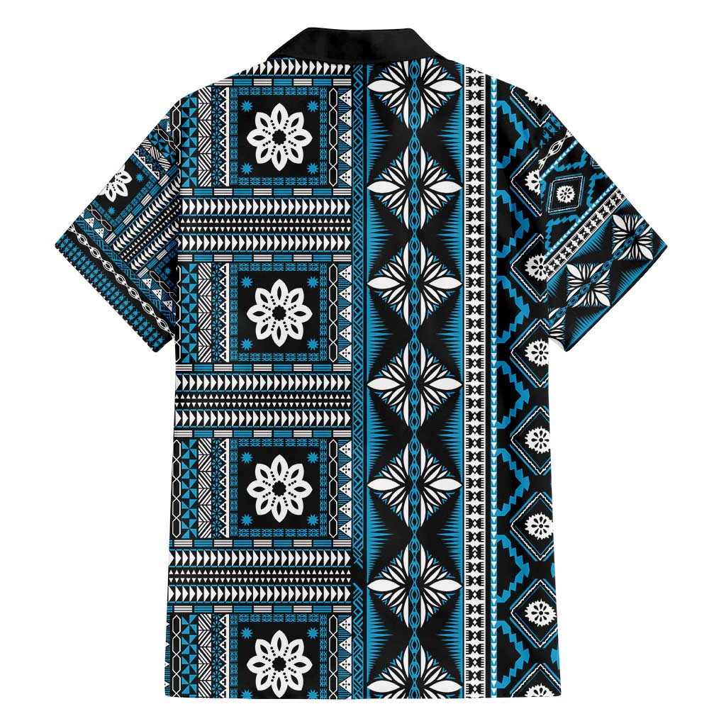 Fiji Masi Tapa Pattern Blue Family Matching Long Sleeve Bodycon Dress and Hawaiian Shirt LT01 - Polynesian Pride