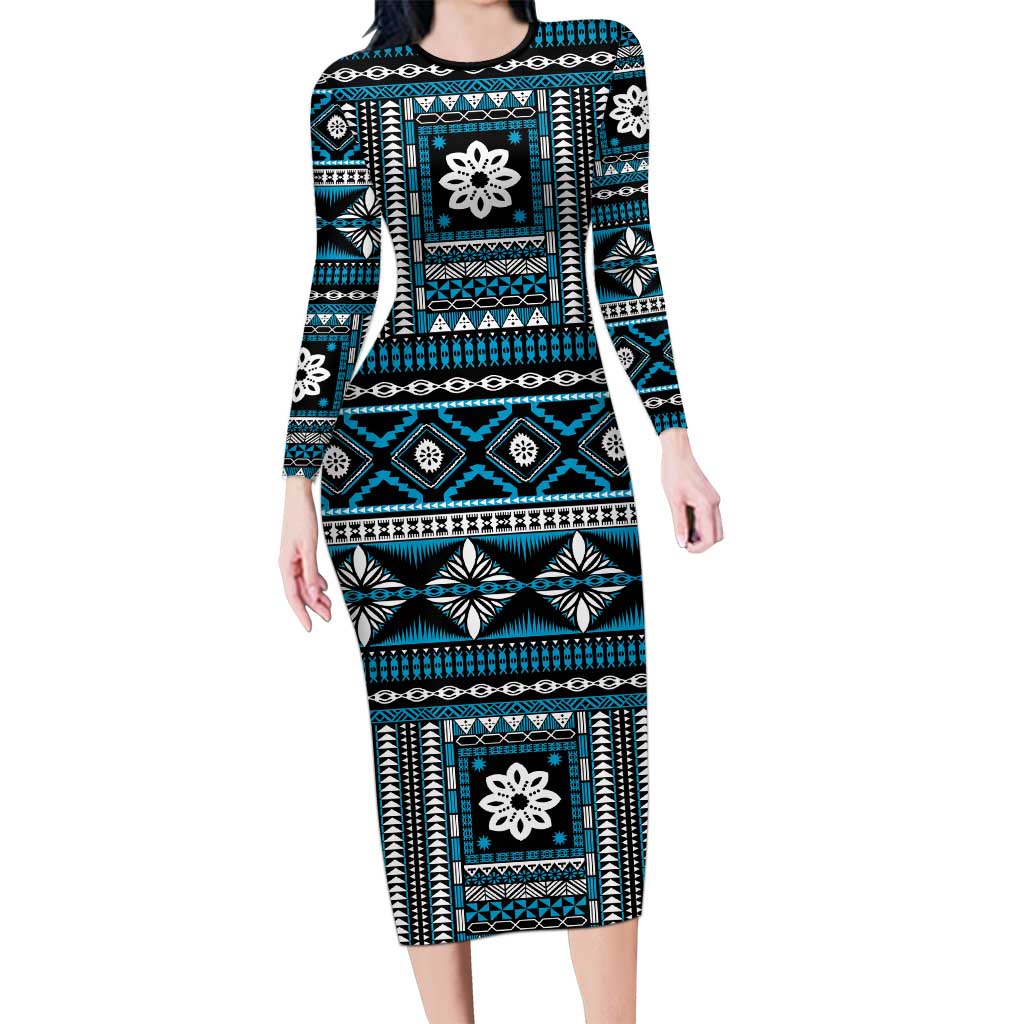 Fiji Masi Tapa Pattern Blue Family Matching Long Sleeve Bodycon Dress and Hawaiian Shirt LT01 Mom's Dress Blue - Polynesian Pride