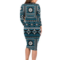Fiji Masi Tapa Pattern Blue Family Matching Long Sleeve Bodycon Dress and Hawaiian Shirt LT01 - Polynesian Pride