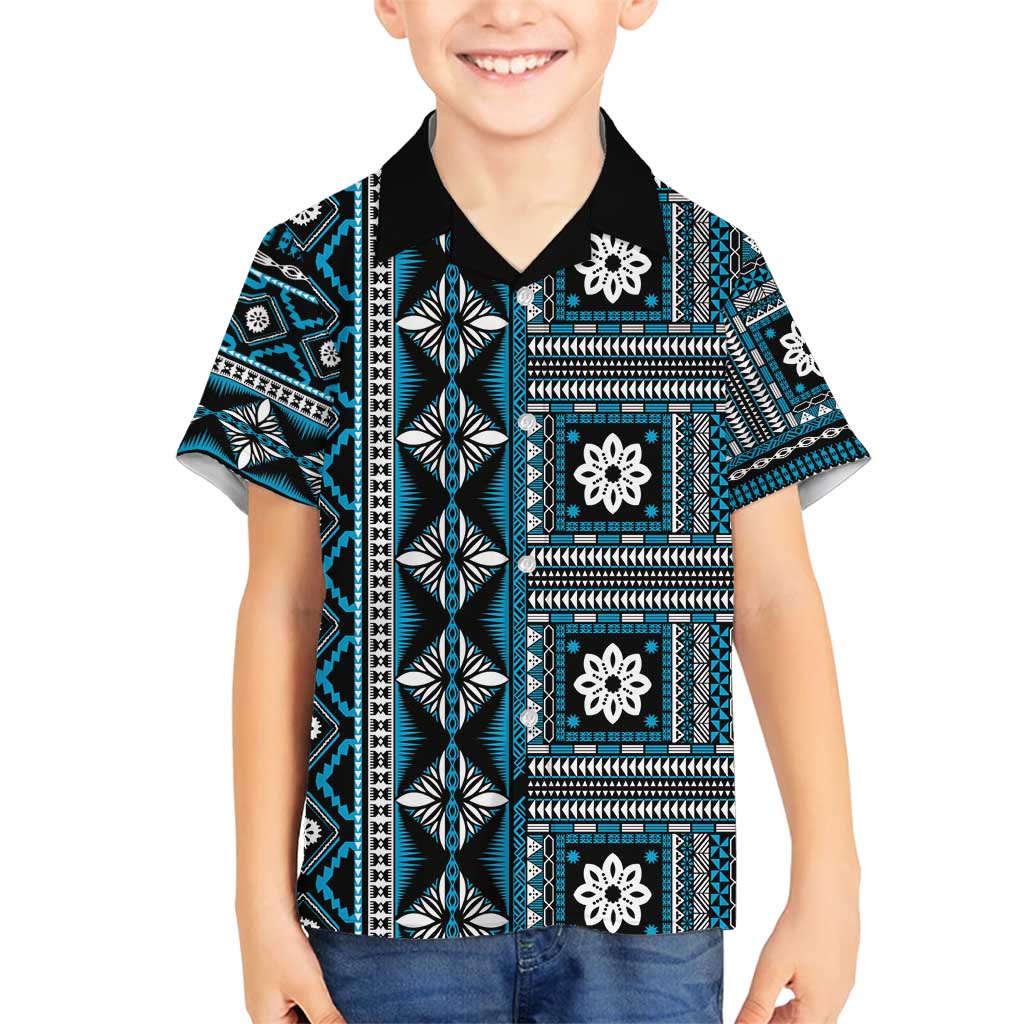 Fiji Masi Tapa Pattern Blue Family Matching Long Sleeve Bodycon Dress and Hawaiian Shirt LT01 Son's Shirt Blue - Polynesian Pride