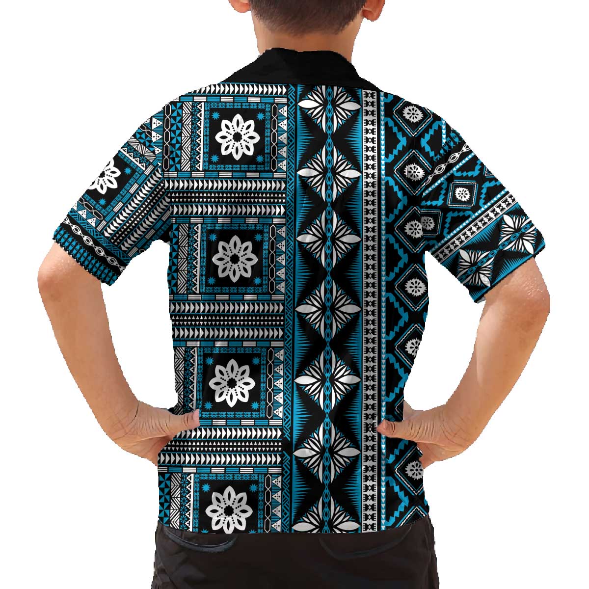 Fiji Masi Tapa Pattern Blue Family Matching Off The Shoulder Long Sleeve Dress and Hawaiian Shirt LT01 - Polynesian Pride