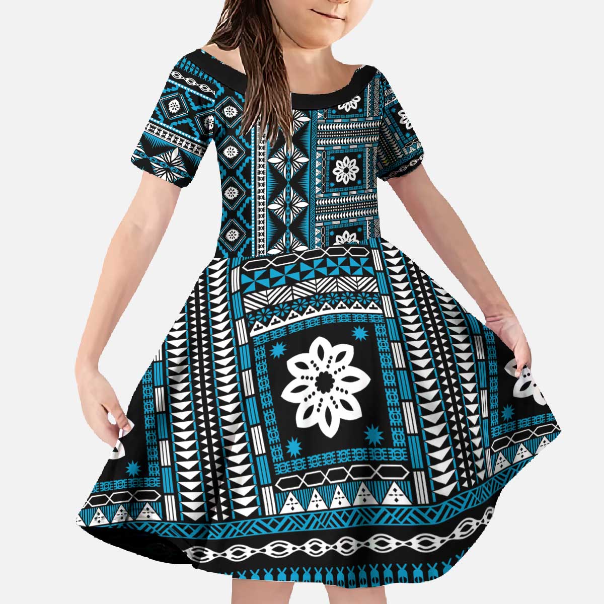 Fiji Masi Tapa Pattern Blue Family Matching Off The Shoulder Long Sleeve Dress and Hawaiian Shirt LT01 Daughter's Dress Blue - Polynesian Pride