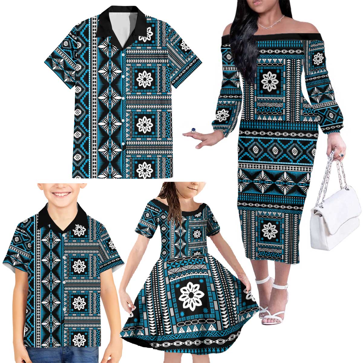 Fiji Masi Tapa Pattern Blue Family Matching Off The Shoulder Long Sleeve Dress and Hawaiian Shirt LT01 - Polynesian Pride