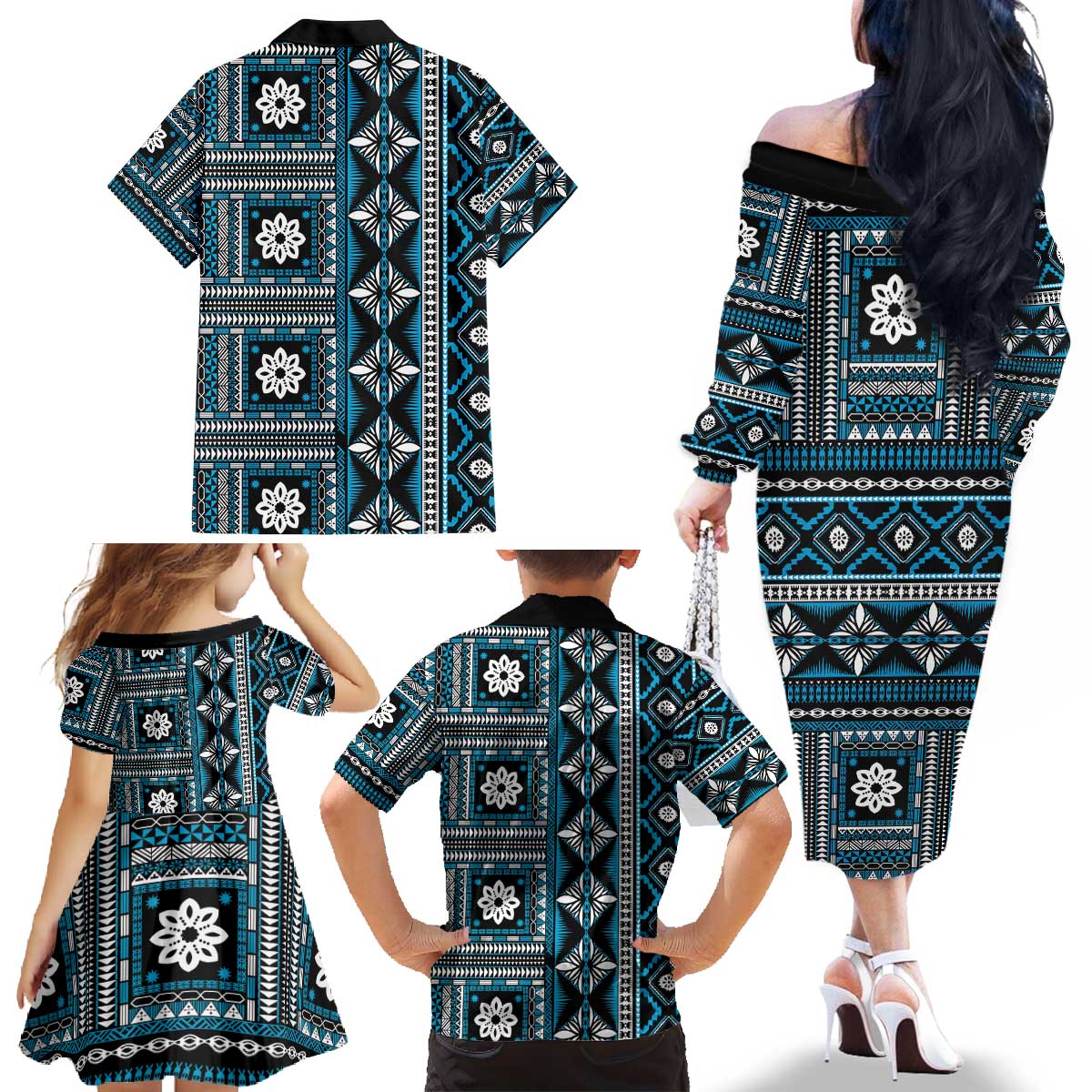Fiji Masi Tapa Pattern Blue Family Matching Off The Shoulder Long Sleeve Dress and Hawaiian Shirt LT01 - Polynesian Pride