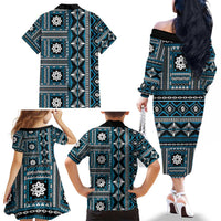 Fiji Masi Tapa Pattern Blue Family Matching Off The Shoulder Long Sleeve Dress and Hawaiian Shirt LT01 - Polynesian Pride