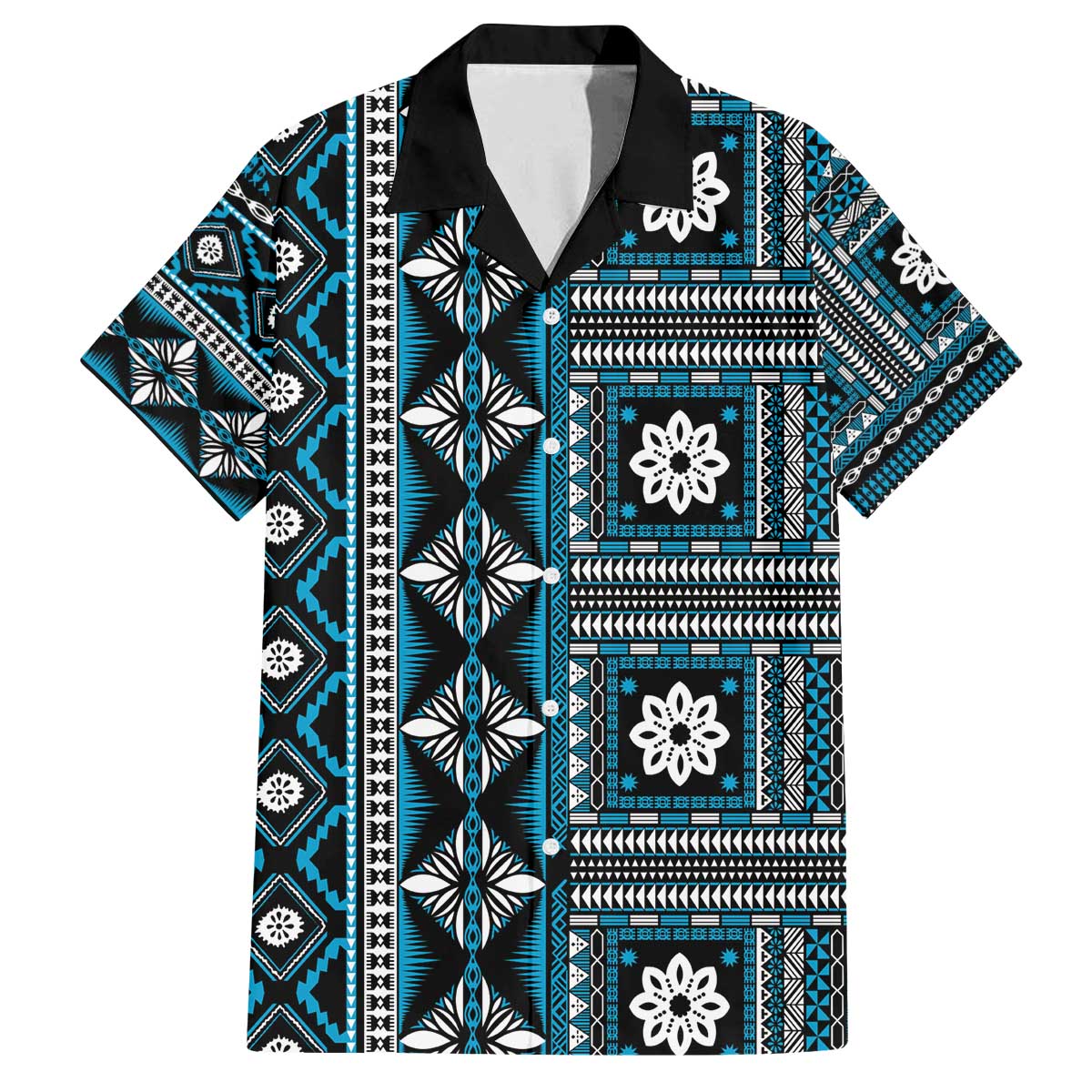 Fiji Masi Tapa Pattern Blue Family Matching Off The Shoulder Long Sleeve Dress and Hawaiian Shirt LT01 Dad's Shirt - Short Sleeve Blue - Polynesian Pride