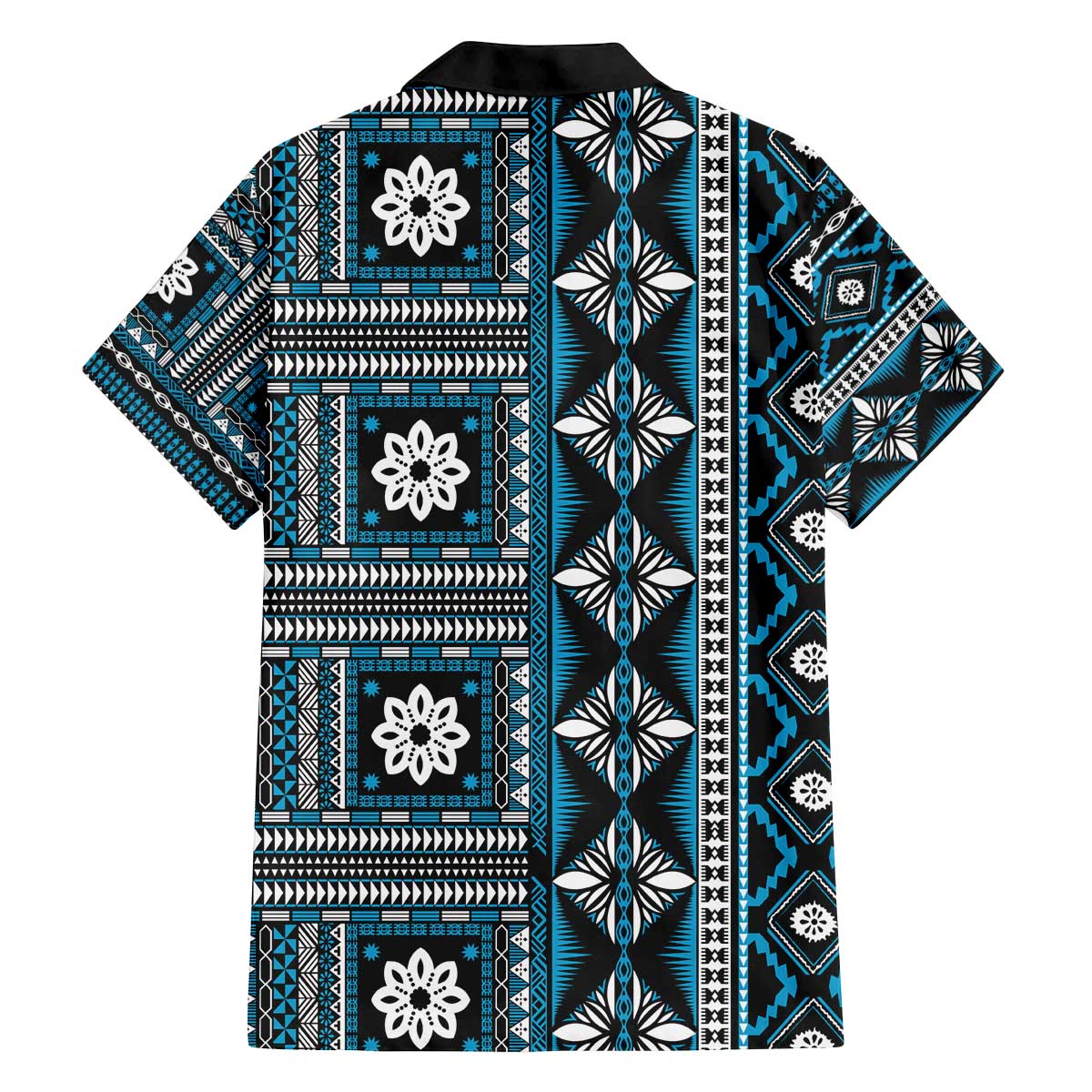 Fiji Masi Tapa Pattern Blue Family Matching Off The Shoulder Long Sleeve Dress and Hawaiian Shirt LT01 - Polynesian Pride