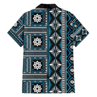 Fiji Masi Tapa Pattern Blue Family Matching Off The Shoulder Long Sleeve Dress and Hawaiian Shirt LT01 - Polynesian Pride