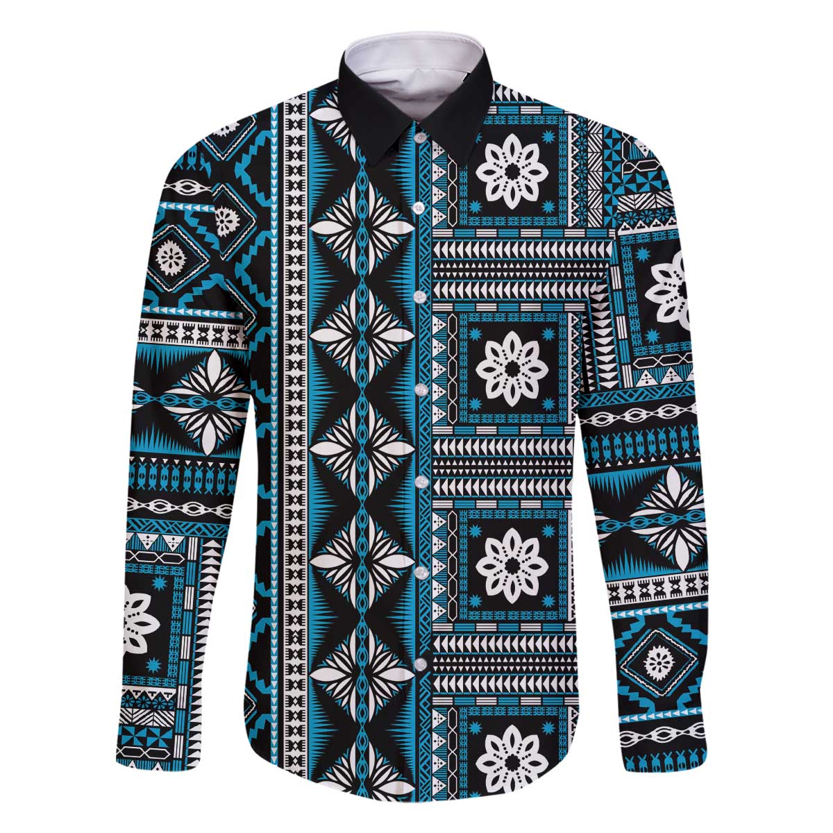 Fiji Masi Tapa Pattern Blue Family Matching Off The Shoulder Long Sleeve Dress and Hawaiian Shirt LT01 Dad's Shirt - Long Sleeve Blue - Polynesian Pride