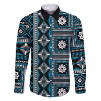Fiji Masi Tapa Pattern Blue Family Matching Off The Shoulder Long Sleeve Dress and Hawaiian Shirt LT01 Dad's Shirt - Long Sleeve Blue - Polynesian Pride