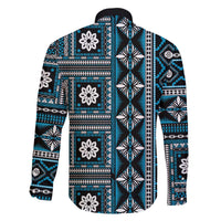 Fiji Masi Tapa Pattern Blue Family Matching Off The Shoulder Long Sleeve Dress and Hawaiian Shirt LT01 - Polynesian Pride