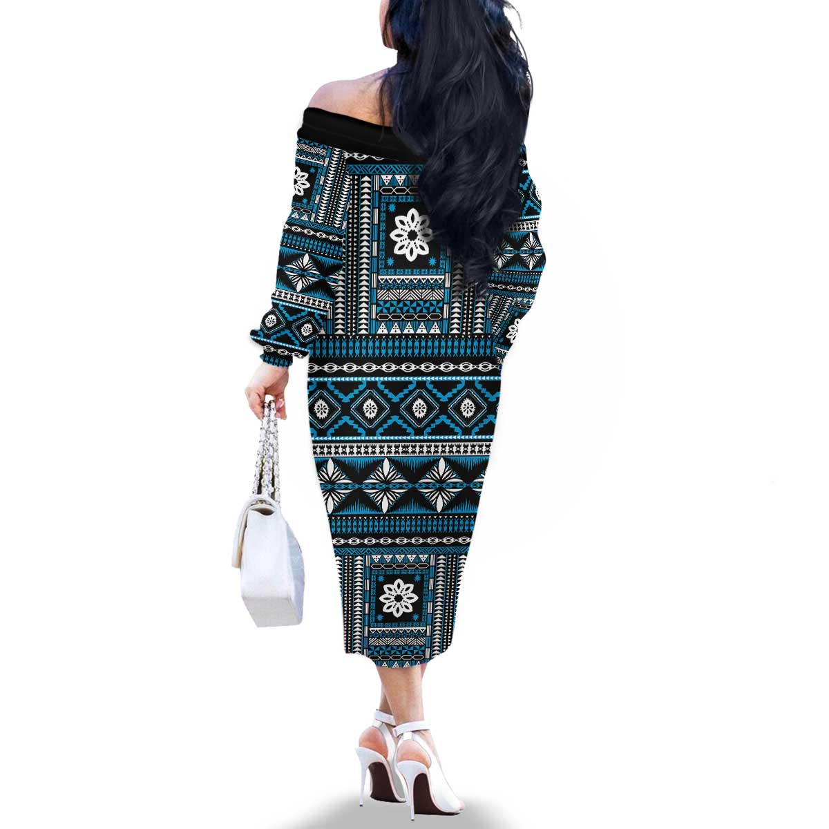 Fiji Masi Tapa Pattern Blue Family Matching Off The Shoulder Long Sleeve Dress and Hawaiian Shirt LT01 - Polynesian Pride