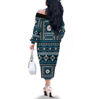 Fiji Masi Tapa Pattern Blue Family Matching Off The Shoulder Long Sleeve Dress and Hawaiian Shirt LT01 - Polynesian Pride