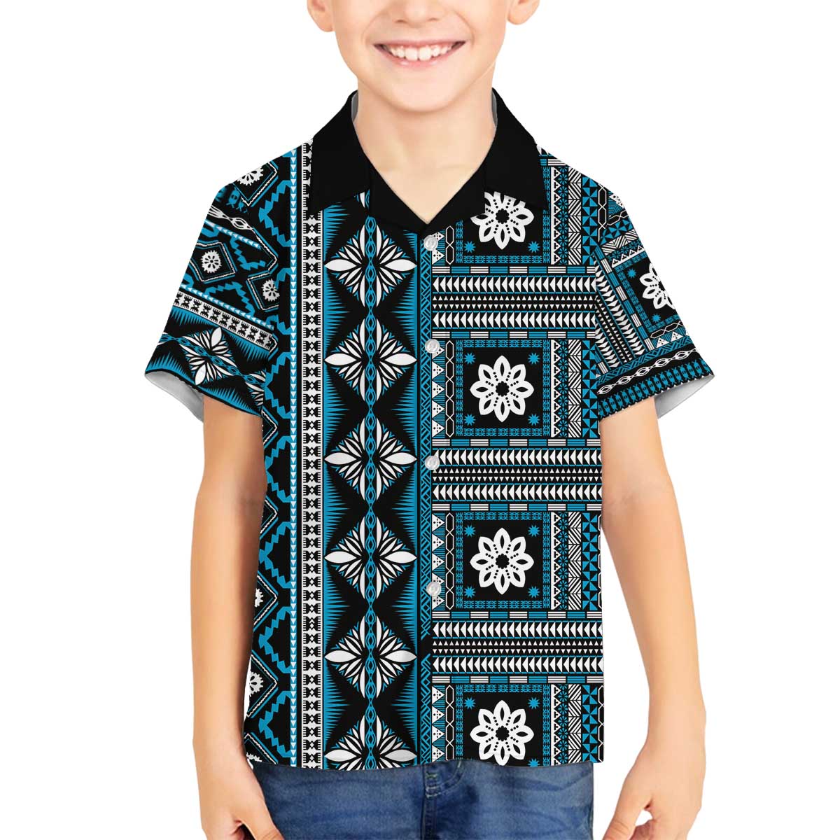 Fiji Masi Tapa Pattern Blue Family Matching Off The Shoulder Long Sleeve Dress and Hawaiian Shirt LT01 Son's Shirt Blue - Polynesian Pride