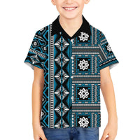 Fiji Masi Tapa Pattern Blue Family Matching Off The Shoulder Long Sleeve Dress and Hawaiian Shirt LT01 Son's Shirt Blue - Polynesian Pride