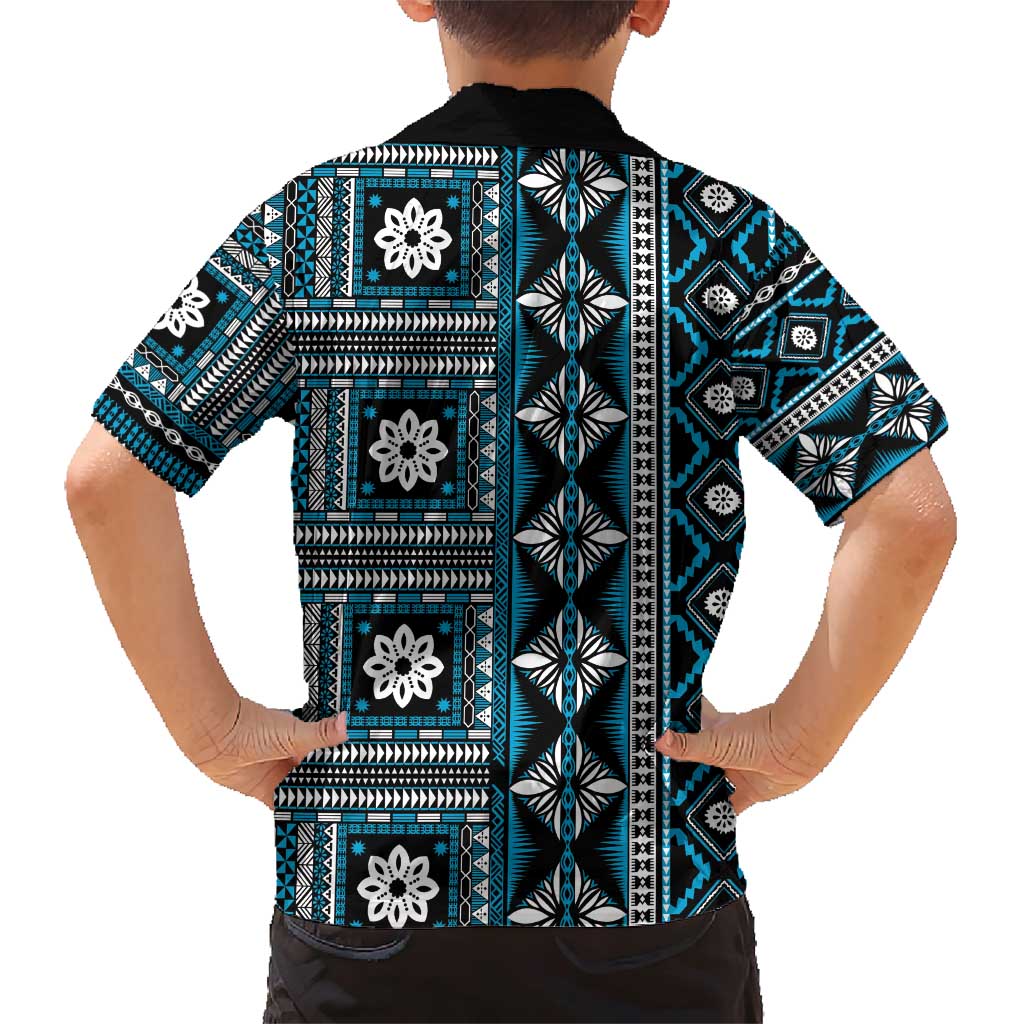 Fiji Masi Tapa Pattern Blue Family Matching Short Sleeve Bodycon Dress and Hawaiian Shirt LT01 - Polynesian Pride