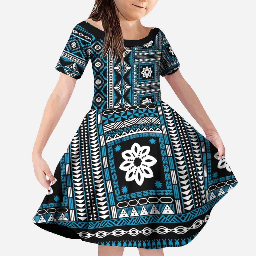 Fiji Masi Tapa Pattern Blue Family Matching Short Sleeve Bodycon Dress and Hawaiian Shirt LT01 Daughter's Dress Blue - Polynesian Pride