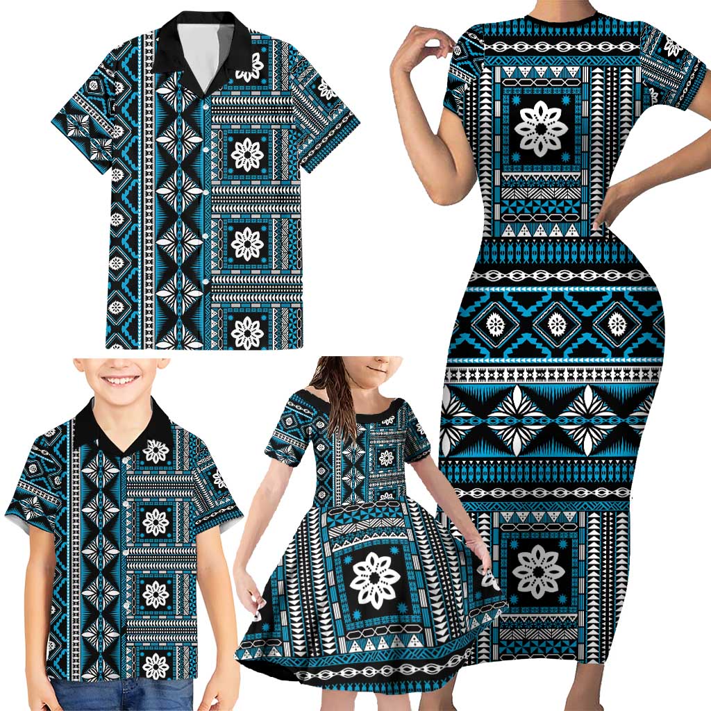 Fiji Masi Tapa Pattern Blue Family Matching Short Sleeve Bodycon Dress and Hawaiian Shirt LT01 - Polynesian Pride