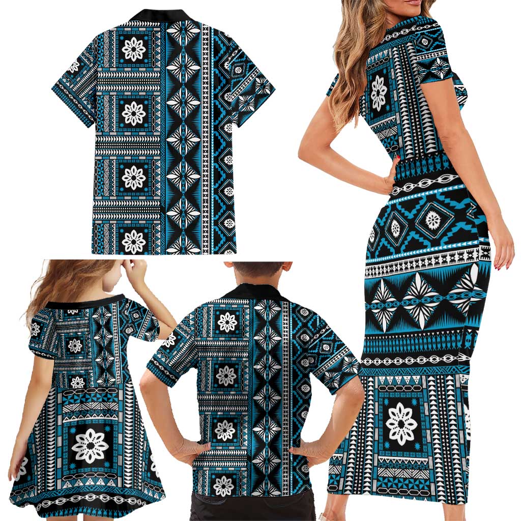 Fiji Masi Tapa Pattern Blue Family Matching Short Sleeve Bodycon Dress and Hawaiian Shirt LT01 - Polynesian Pride