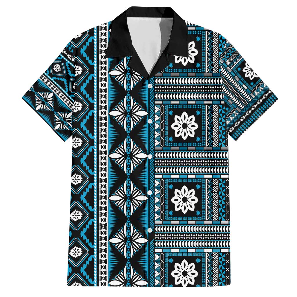 Fiji Masi Tapa Pattern Blue Family Matching Short Sleeve Bodycon Dress and Hawaiian Shirt LT01 Dad's Shirt - Short Sleeve Blue - Polynesian Pride
