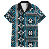 Fiji Masi Tapa Pattern Blue Family Matching Short Sleeve Bodycon Dress and Hawaiian Shirt LT01 Dad's Shirt - Short Sleeve Blue - Polynesian Pride