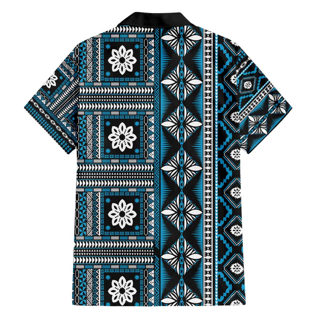 Fiji Masi Tapa Pattern Blue Family Matching Short Sleeve Bodycon Dress and Hawaiian Shirt LT01 - Polynesian Pride