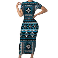 Fiji Masi Tapa Pattern Blue Family Matching Short Sleeve Bodycon Dress and Hawaiian Shirt LT01 Mom's Dress Blue - Polynesian Pride
