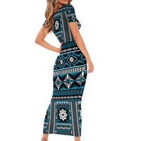 Fiji Masi Tapa Pattern Blue Family Matching Short Sleeve Bodycon Dress and Hawaiian Shirt LT01 - Polynesian Pride
