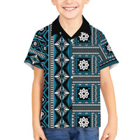 Fiji Masi Tapa Pattern Blue Family Matching Short Sleeve Bodycon Dress and Hawaiian Shirt LT01 Son's Shirt Blue - Polynesian Pride
