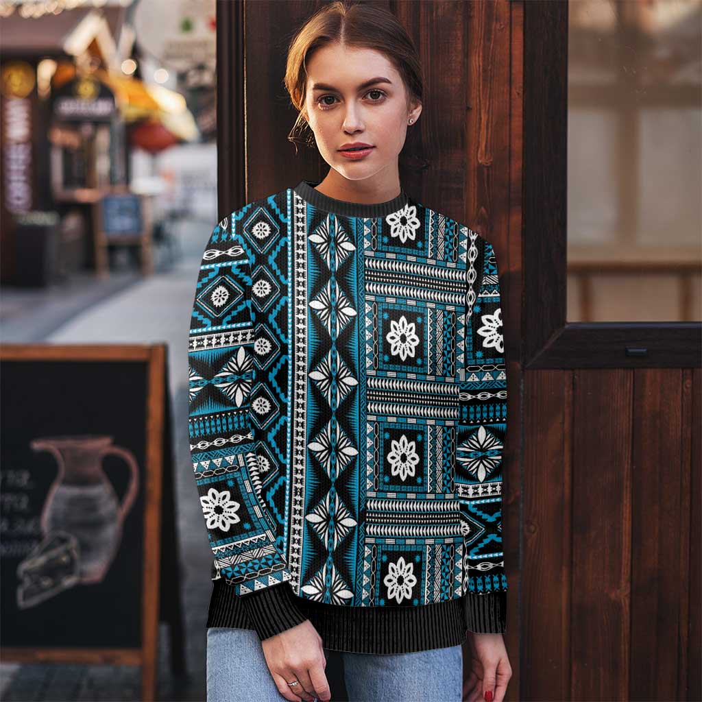 Fiji Masi Tapa Pattern Blue Ugly Christmas Sweater - Polynesian Pride