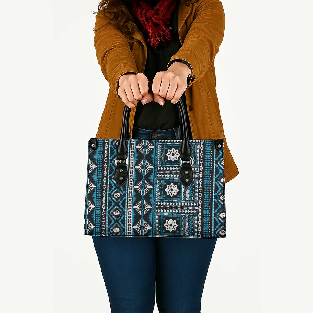 Fiji Masi Tapa Pattern Blue Leather Bag - Polynesian Pride