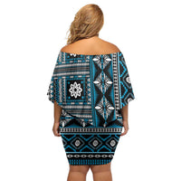 Fiji Masi Tapa Pattern Blue Off Shoulder Short Dress - Polynesian Pride