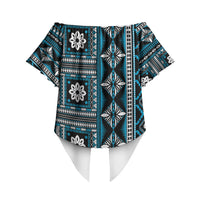 Fiji Masi Tapa Pattern Blue Off Shoulder Wrap Waist Top LT01 - Polynesian Pride