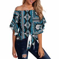 Fiji Masi Tapa Pattern Blue Off Shoulder Wrap Waist Top LT01 - Polynesian Pride