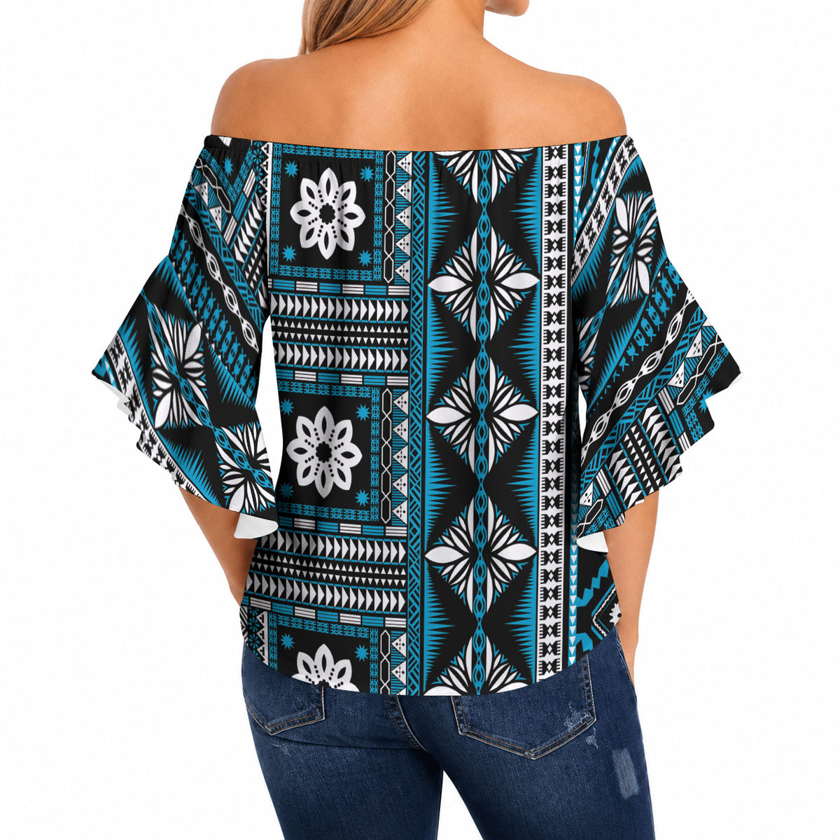 Fiji Masi Tapa Pattern Blue Off Shoulder Wrap Waist Top LT01 - Polynesian Pride