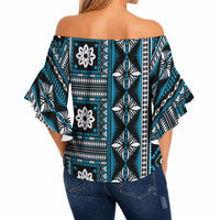 Fiji Masi Tapa Pattern Blue Off Shoulder Wrap Waist Top LT01 - Polynesian Pride