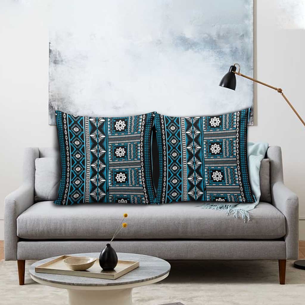Fiji Masi Tapa Pattern Blue Pillow Cover - Polynesian Pride