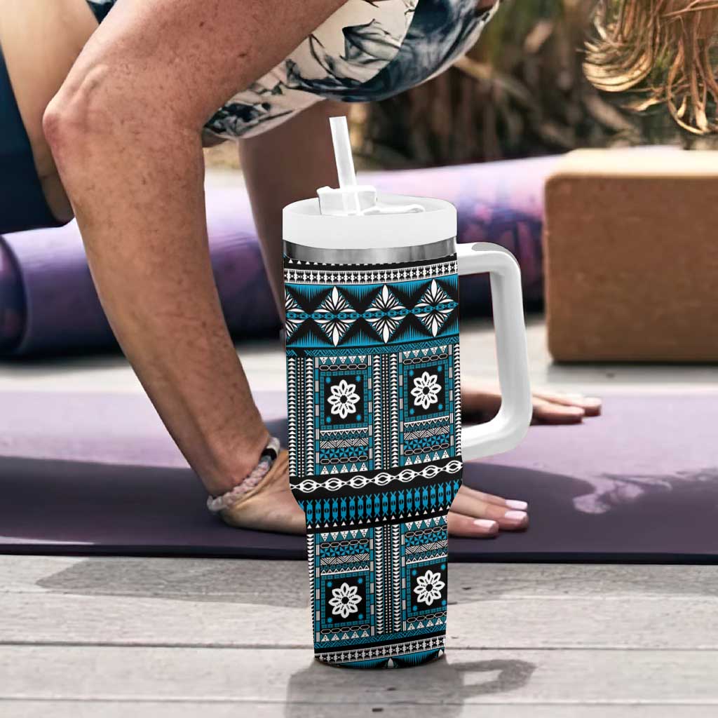 Fiji Masi Tapa Pattern Blue Tumbler With Handle - Polynesian Pride