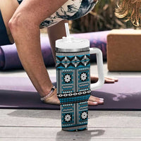 Fiji Masi Tapa Pattern Blue Tumbler With Handle - Polynesian Pride