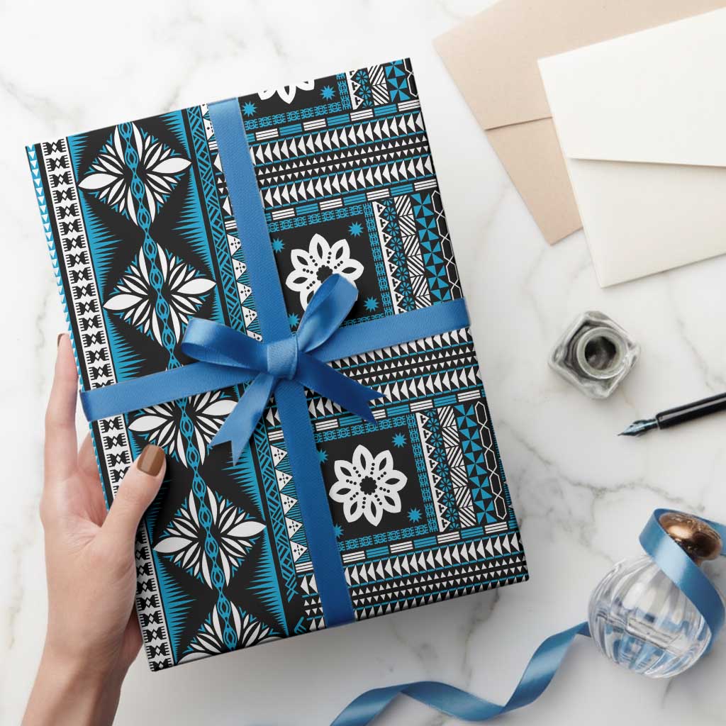 Fiji Masi Tapa Pattern Blue Wrapping Paper - Polynesian Pride