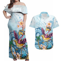 Hawaii Flamingo Couples Matching Off Shoulder Maxi Dress and Hawaiian Shirt Plumeria Tropical Beach LT01 Blue - Polynesian Pride