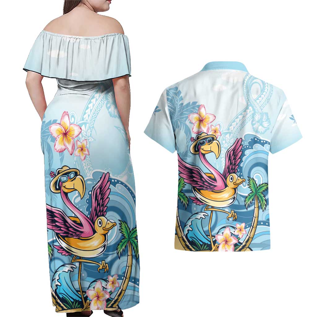 Hawaii Flamingo Couples Matching Off Shoulder Maxi Dress and Hawaiian Shirt Plumeria Tropical Beach LT01 - Polynesian Pride