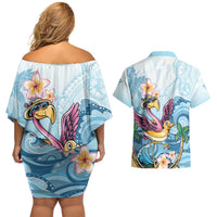 Hawaii Flamingo Couples Matching Off Shoulder Short Dress and Hawaiian Shirt Plumeria Tropical Beach