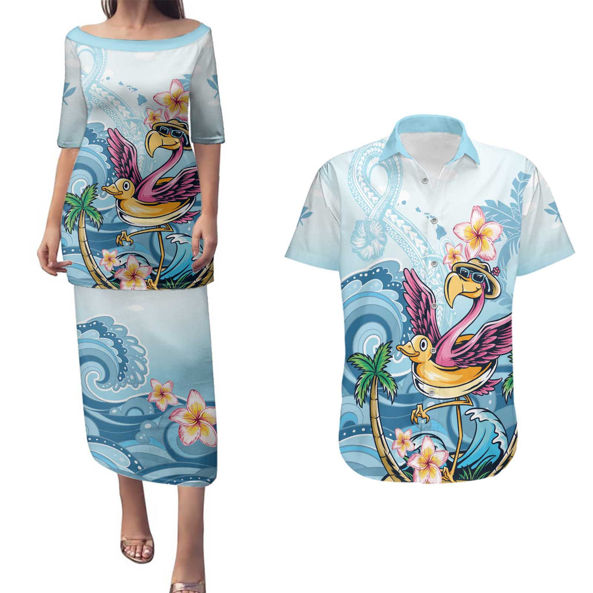 Hawaii Flamingo Couples Matching Puletasi and Hawaiian Shirt Plumeria Tropical Beach LT01 Blue - Polynesian Pride