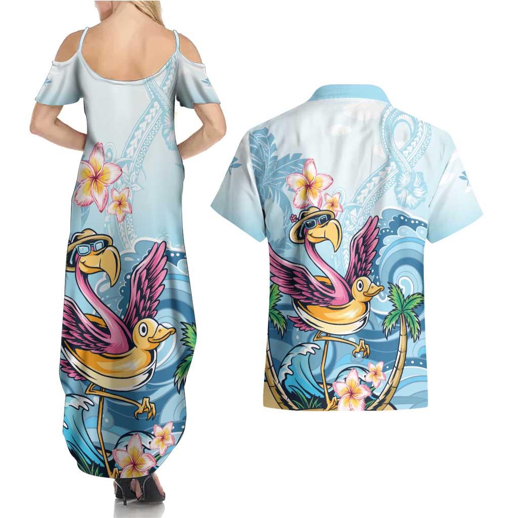 Hawaii Flamingo Couples Matching Summer Maxi Dress and Hawaiian Shirt Plumeria Tropical Beach