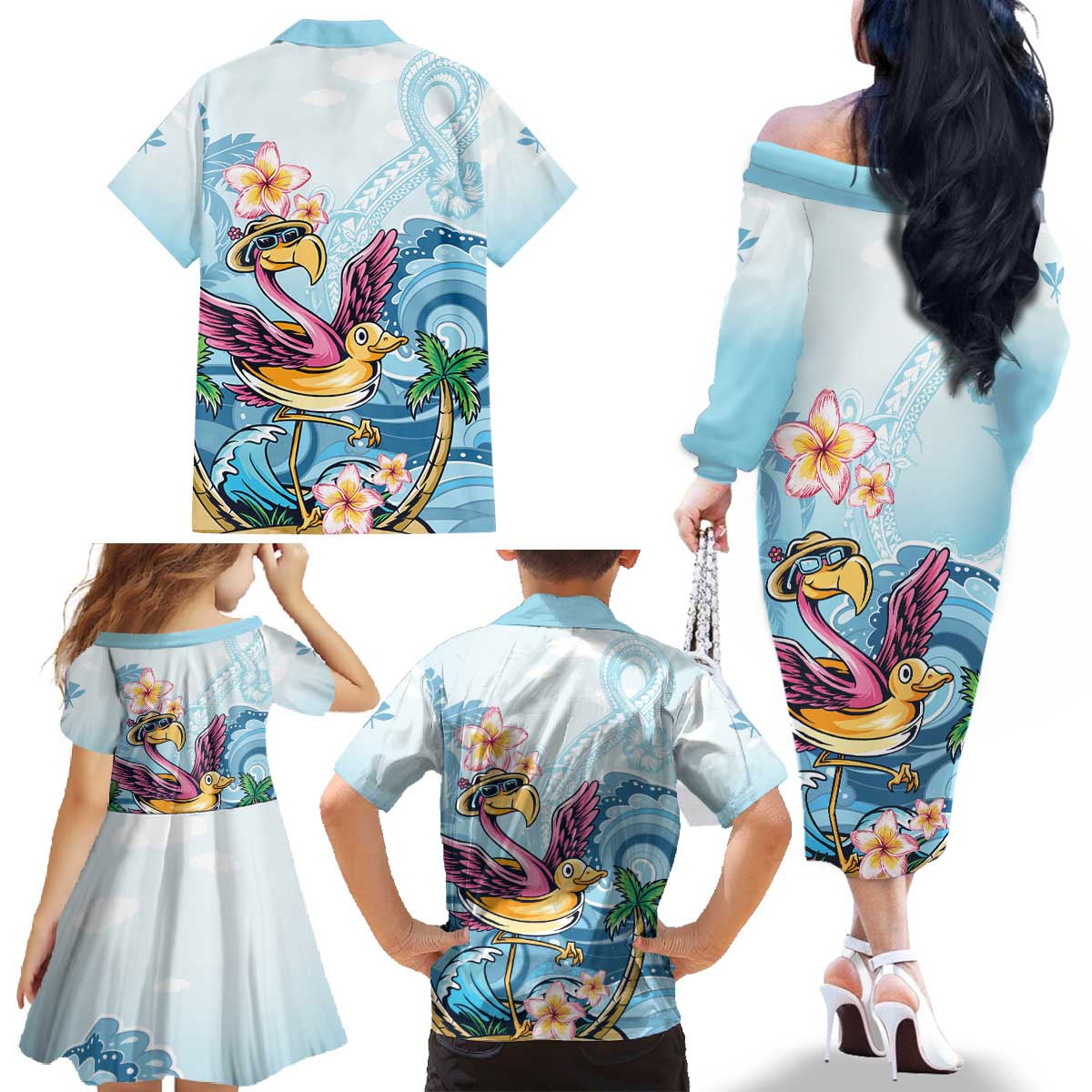 Hawaii Flamingo Family Matching Off The Shoulder Long Sleeve Dress and Hawaiian Shirt Plumeria Tropical Beach LT01 - Polynesian Pride