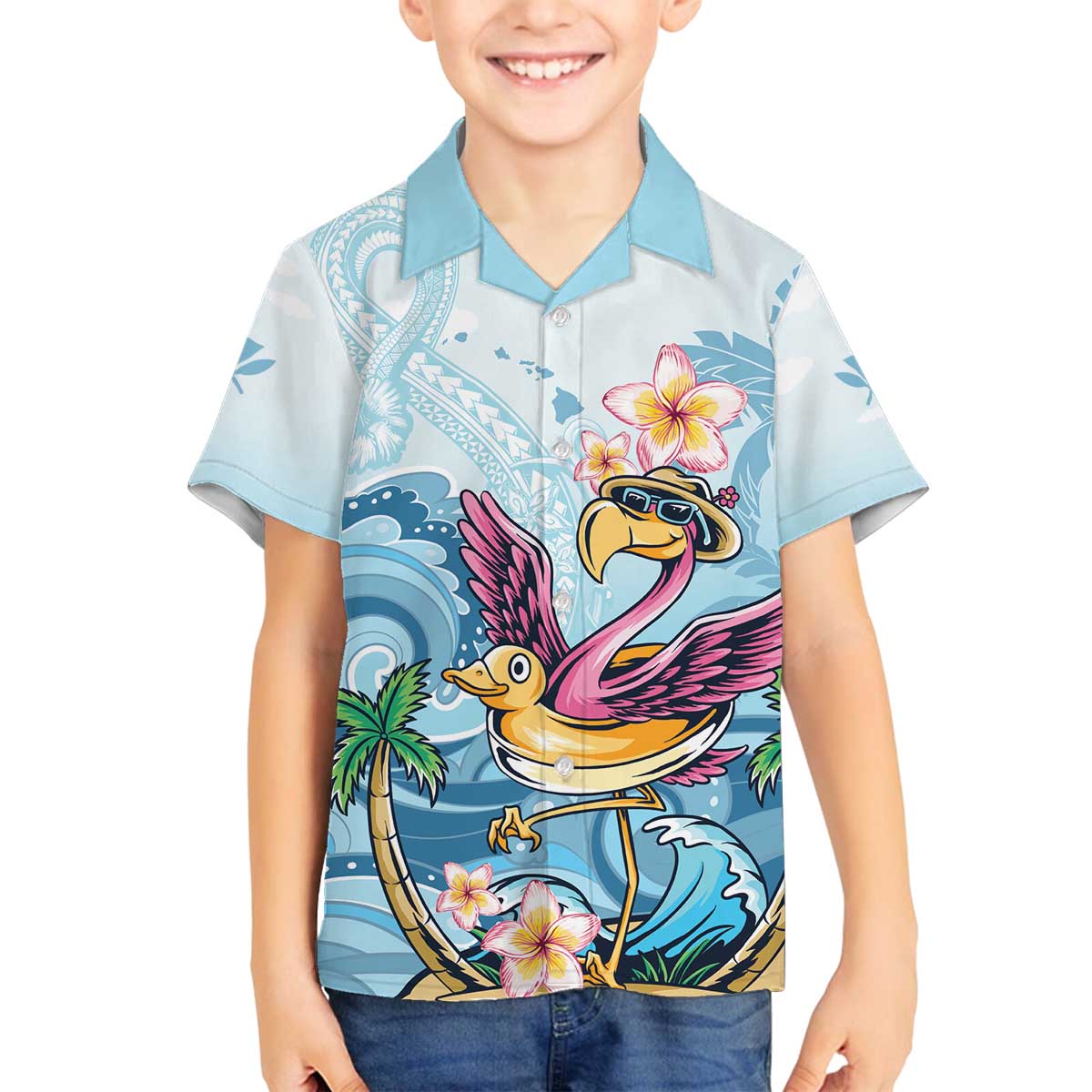 Hawaii Flamingo Family Matching Off The Shoulder Long Sleeve Dress and Hawaiian Shirt Plumeria Tropical Beach LT01 Son's Shirt Blue - Polynesian Pride