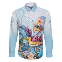 Hawaii Flamingo Family Matching Off Shoulder Maxi Dress and Hawaiian Shirt Plumeria Tropical Beach LT01 Dad's Shirt - Long Sleeve Blue - Polynesian Pride